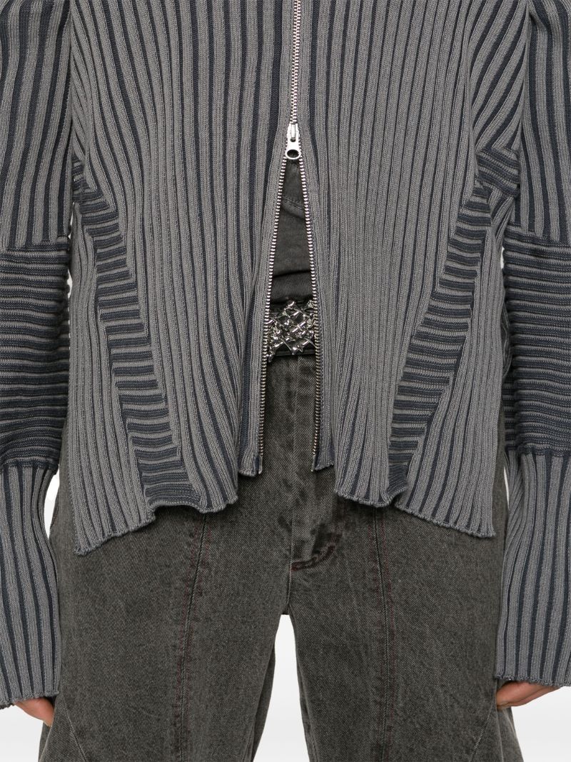 Grey Ribbed-knit Zip-up Hoodie