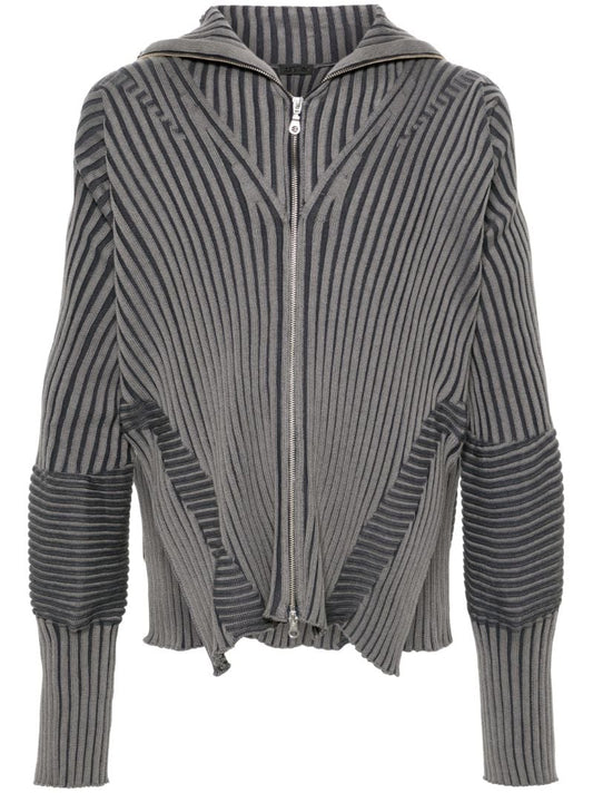 Grey Ribbed-knit Zip-up Hoodie