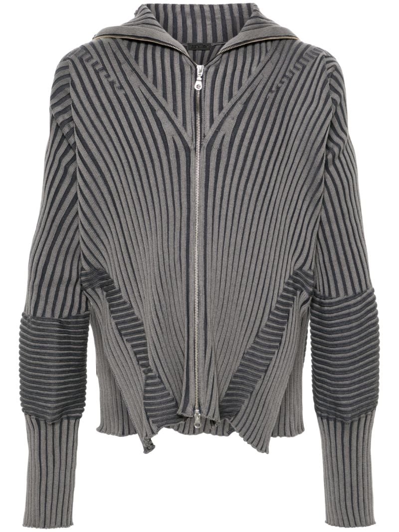 Grey Ribbed-knit Zip-up Hoodie