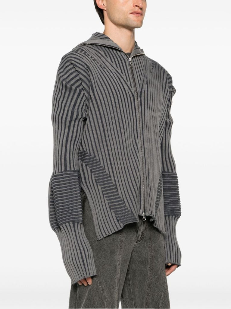 Grey Ribbed-knit Zip-up Hoodie