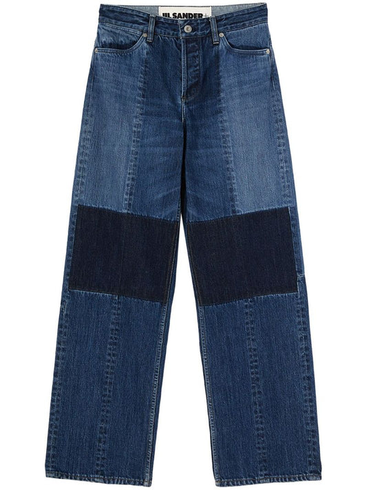 Blue Patchwork Straight-leg Jeans