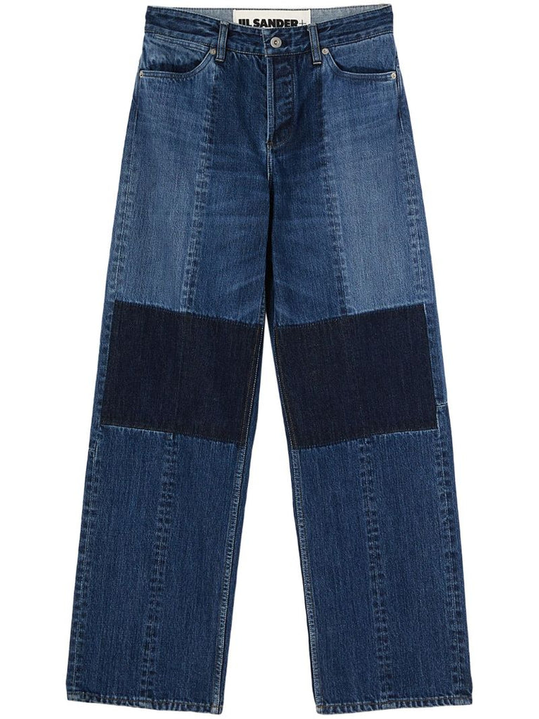 Blue Patchwork Straight-leg Jeans