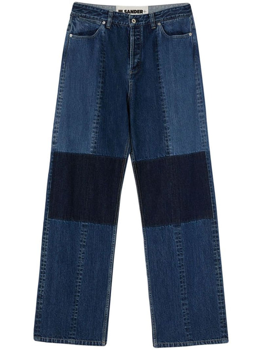 Blue Patchwork Wide-leg Jeans