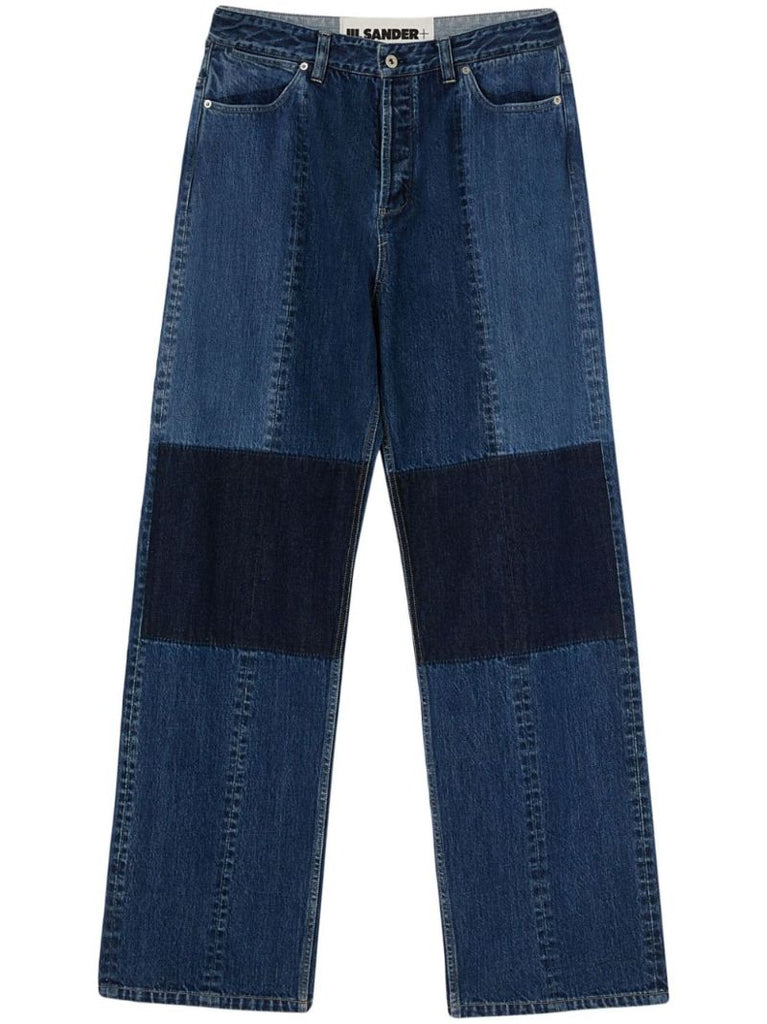 Blue Patchwork Wide-leg Jeans