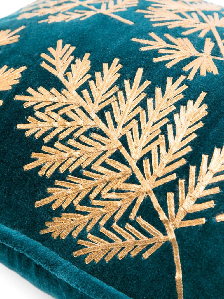 X Browns Blue Leaf-embroidered Velvet Cushion