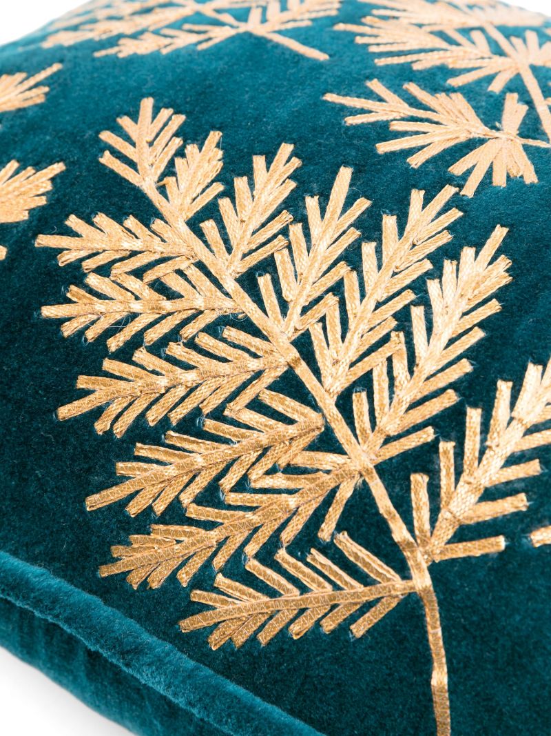 X Browns Blue Leaf-embroidered Velvet Cushion