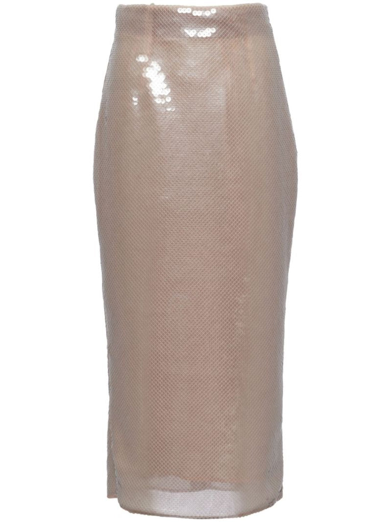 Neutral Sequin Pencil Midi Skirt
