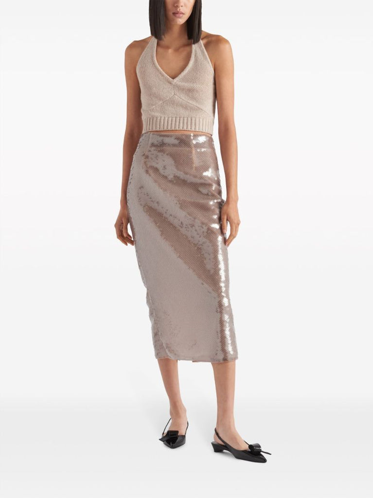Neutral Sequin Pencil Midi Skirt