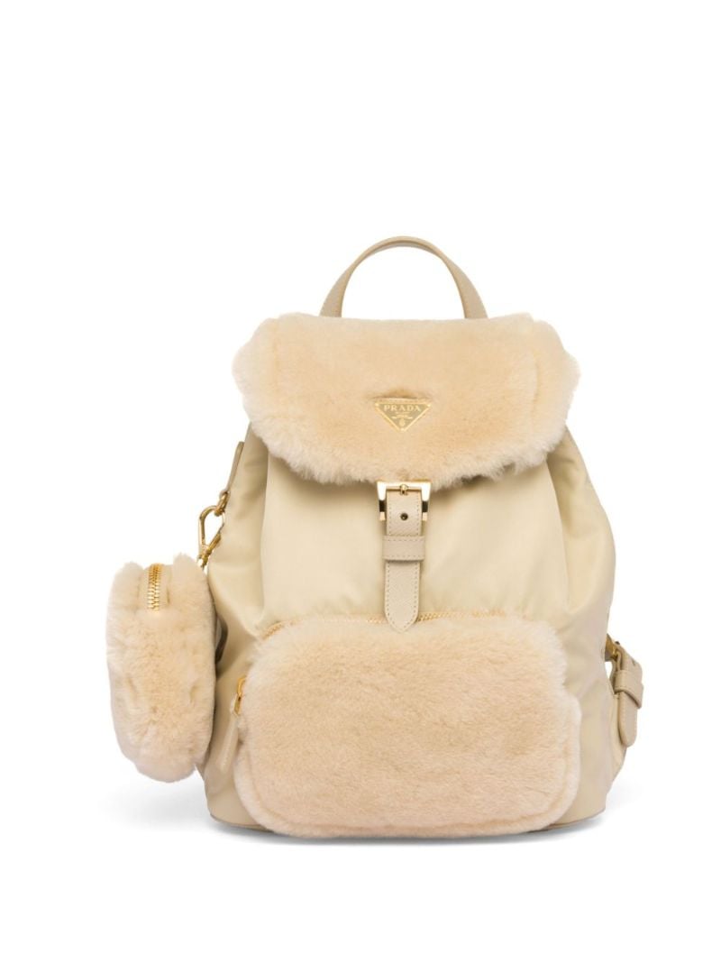 Neutral Shearling-panelled Leather Backpack