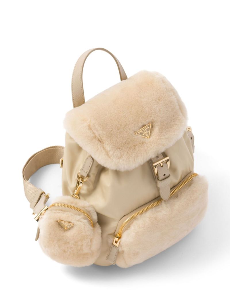 Neutral Shearling-panelled Leather Backpack