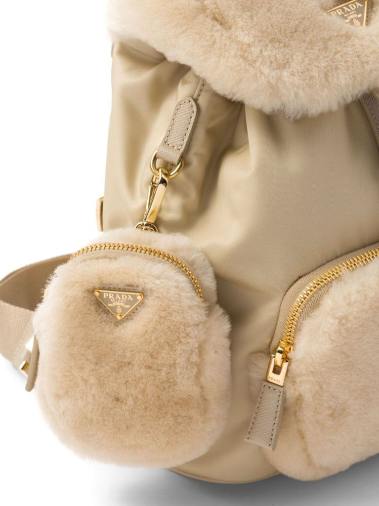 Neutral Shearling-panelled Leather Backpack