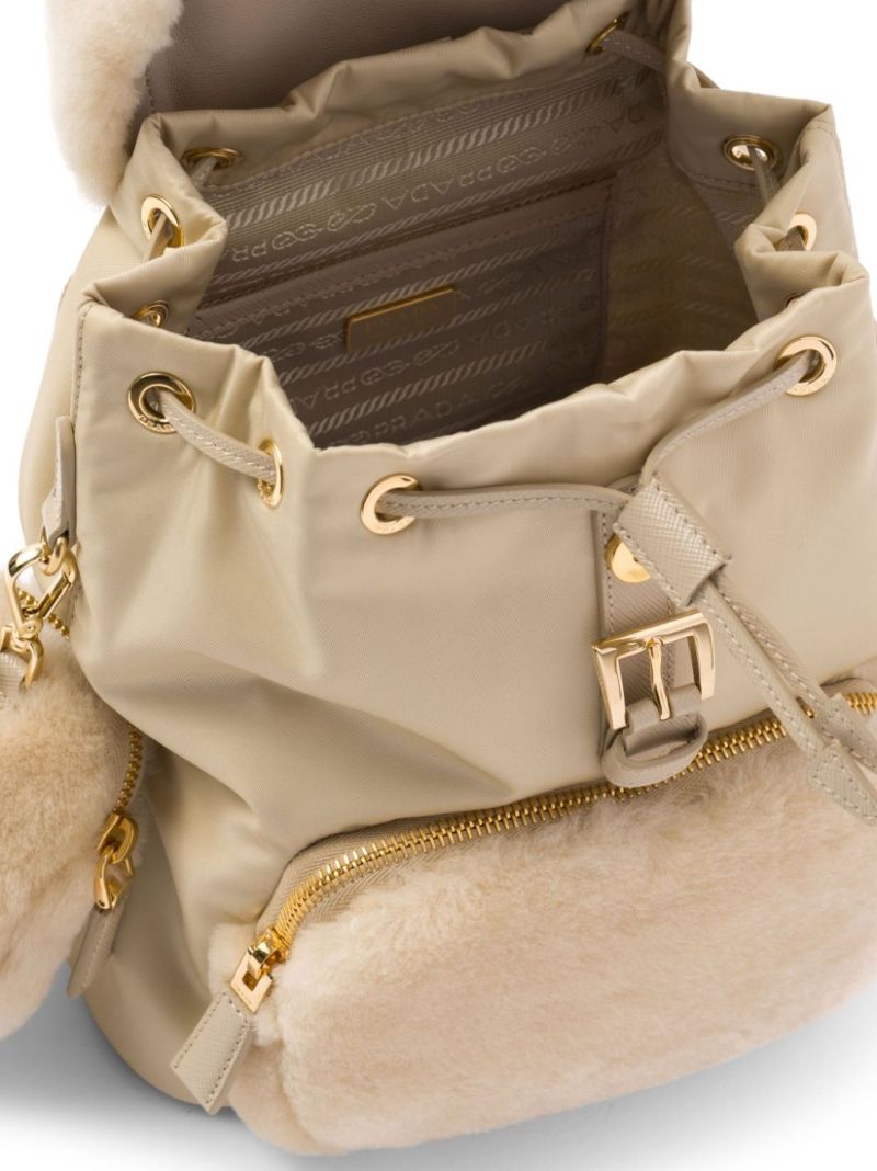 Neutral Shearling-panelled Leather Backpack