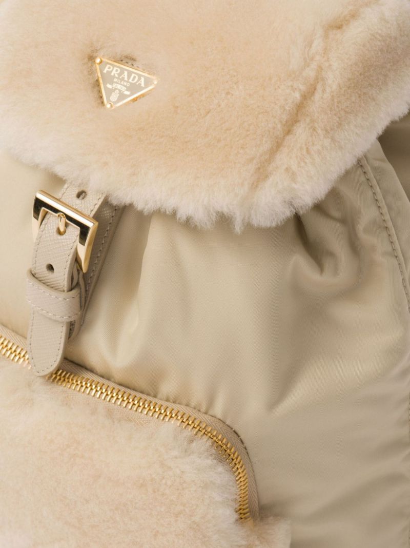 Neutral Shearling-panelled Leather Backpack