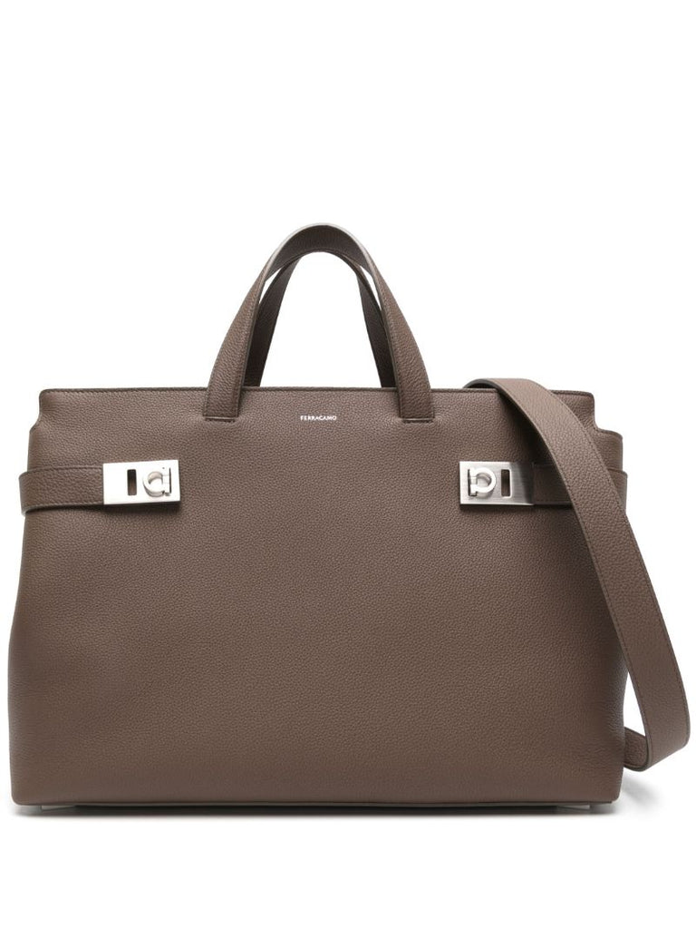 Brown Grained-leather Tote Bag