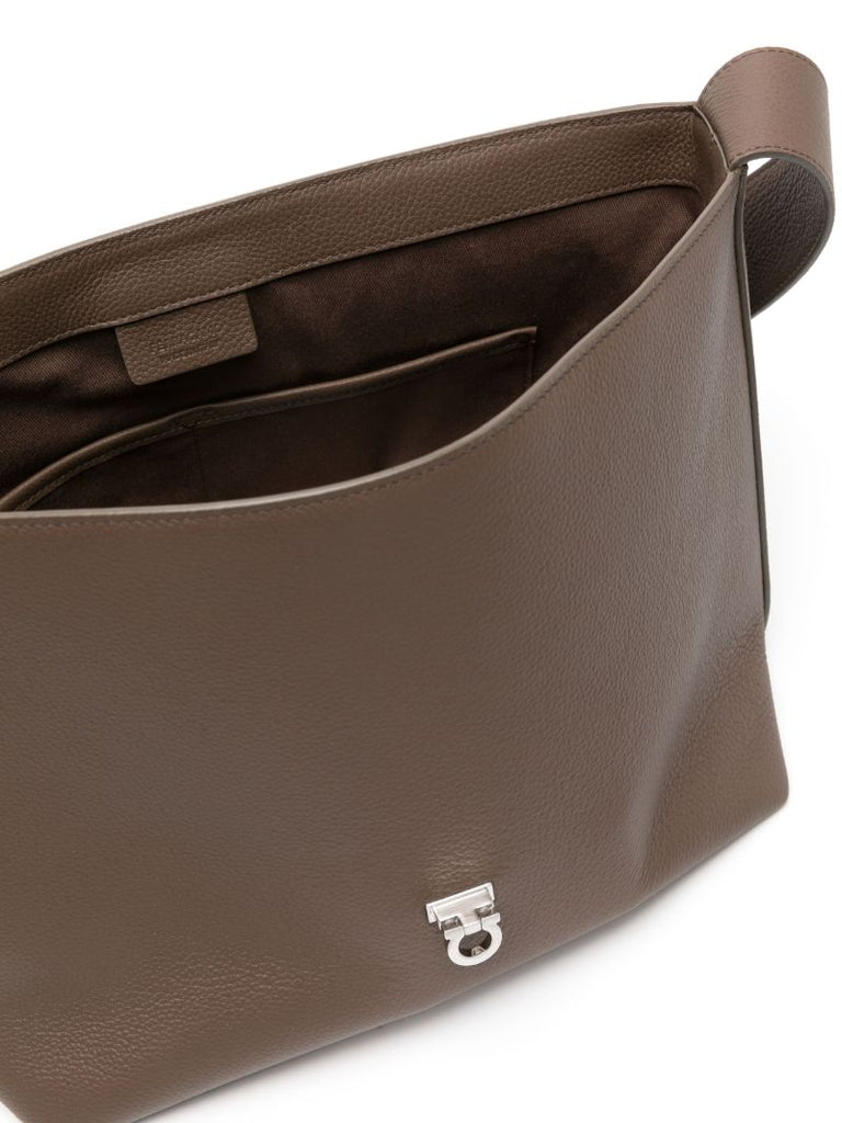 Brown Grained-leather Messenger Bag