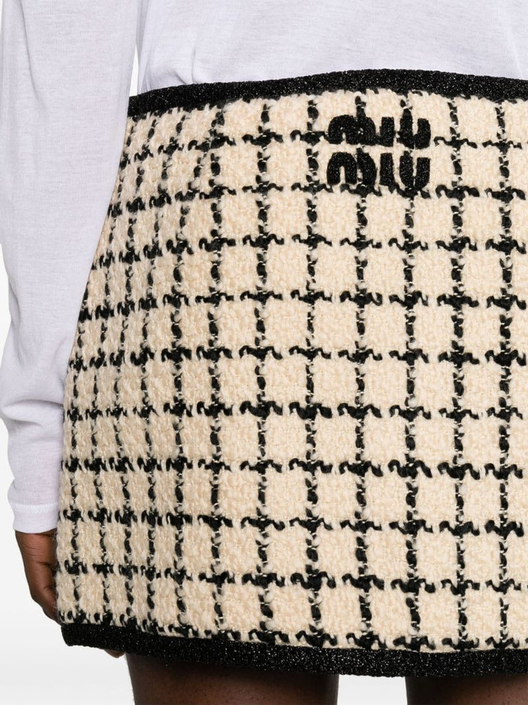 Neutral Checked Tweed Mini Skirt