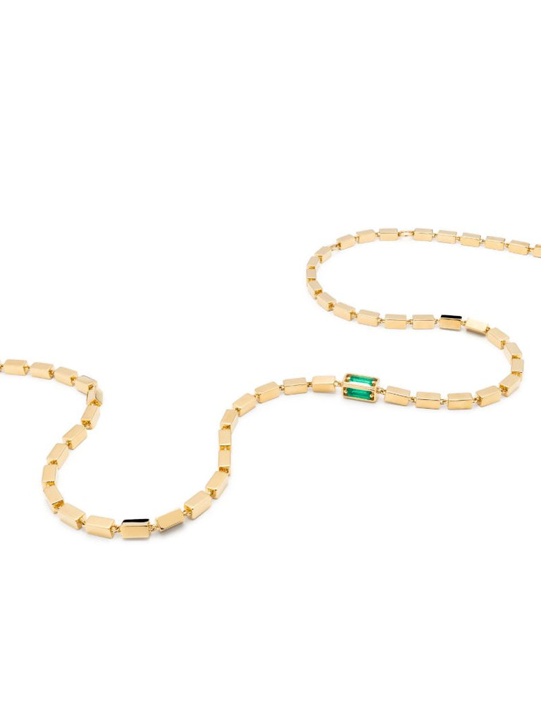 18kt Yellow Gold Block-chain Emerald Baguette Link Necklace
