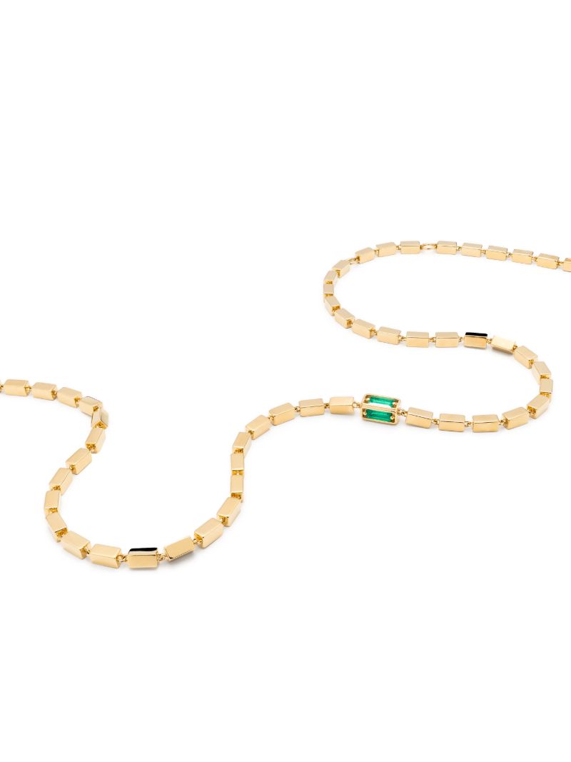 18kt Yellow Gold Block-chain Emerald Baguette Link Necklace