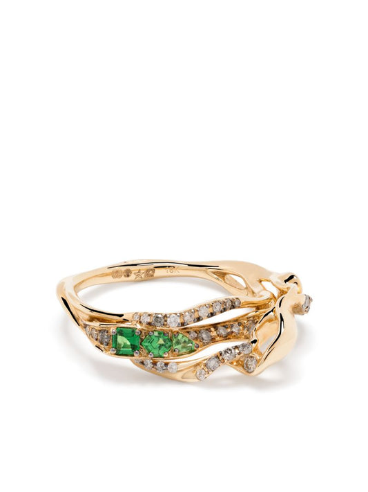 18k Yellow Gold Exhale Diamond and Tsavorite Ring