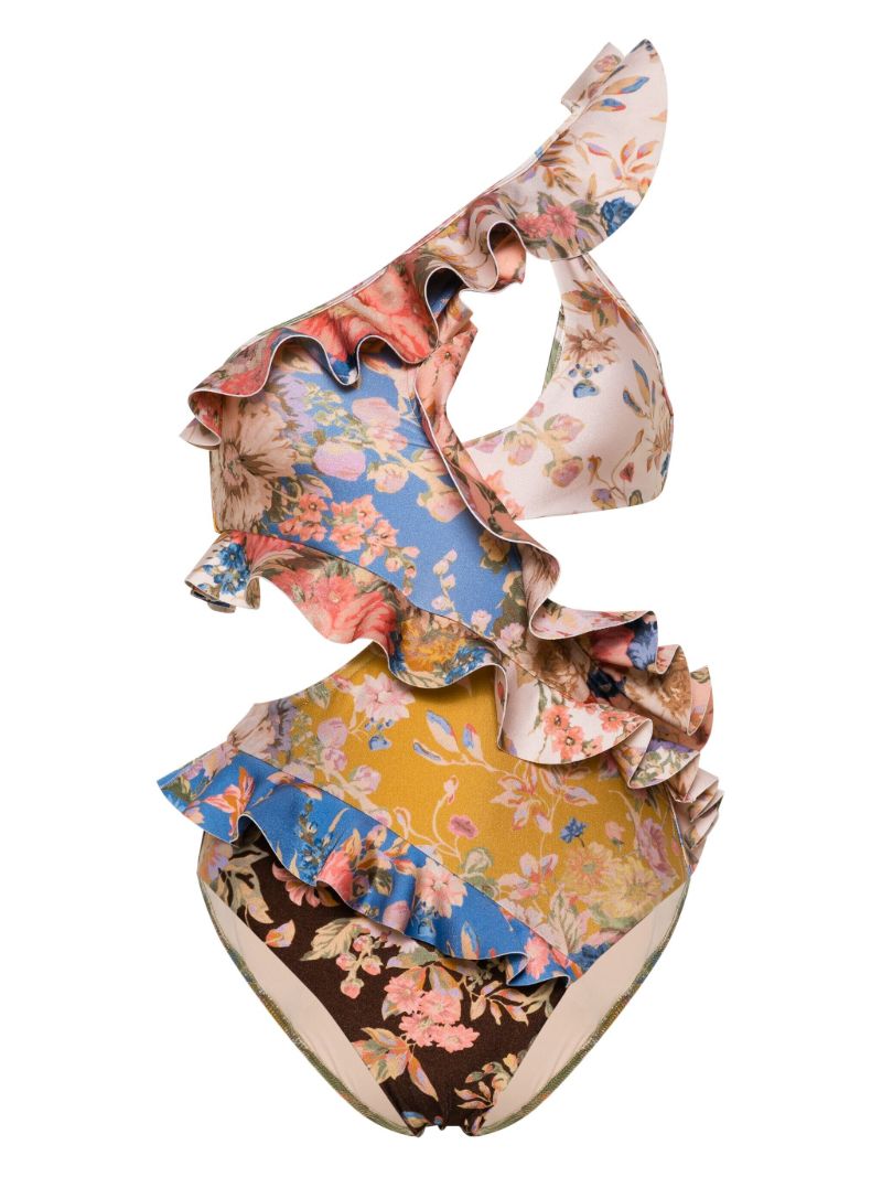Blue Floral-print Ruffle Swimsuit