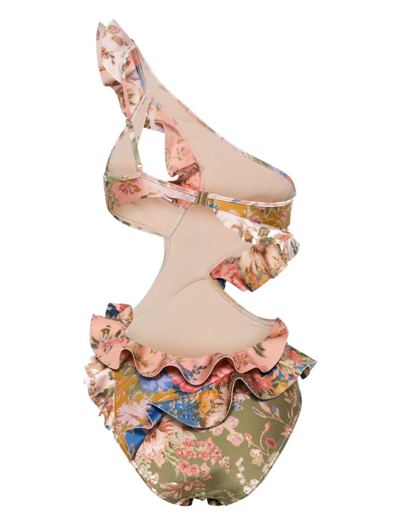 Blue Floral-print Ruffle Swimsuit