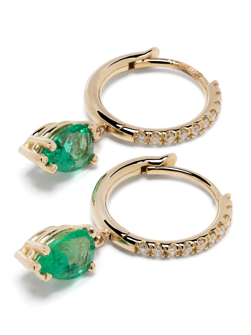 14k Yellow Gold Diamond and Emerald Hoop Earrings