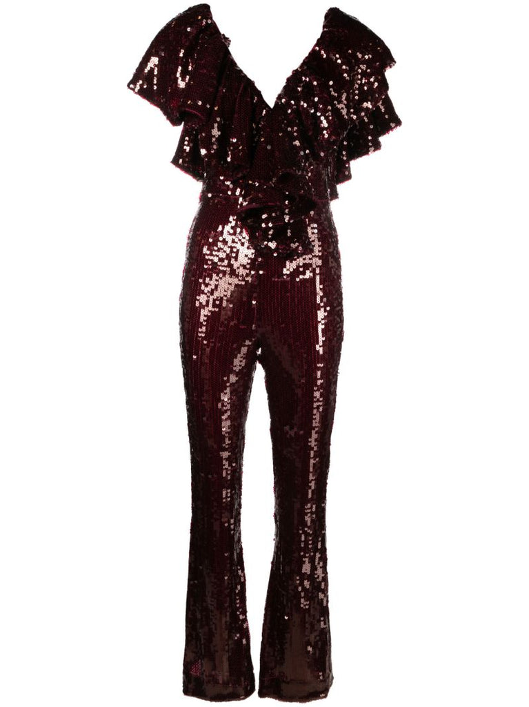 Red Sequin Embellished Ruffled Jumpsuit