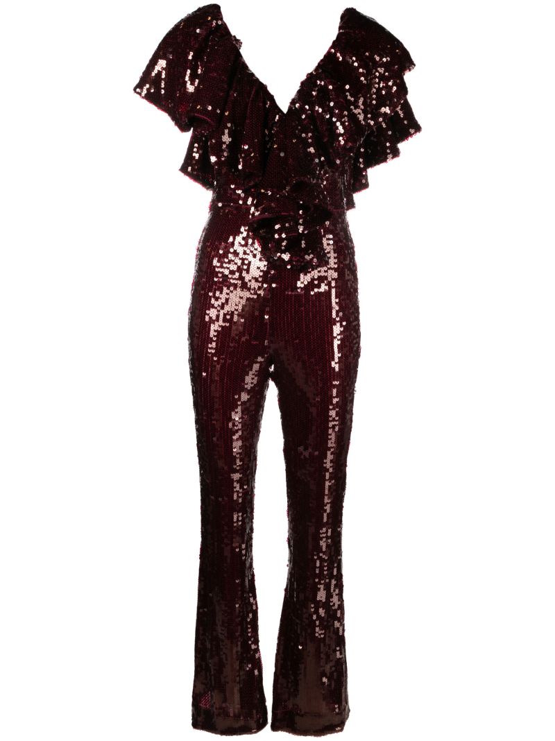 Red Sequin Embellished Ruffled Jumpsuit