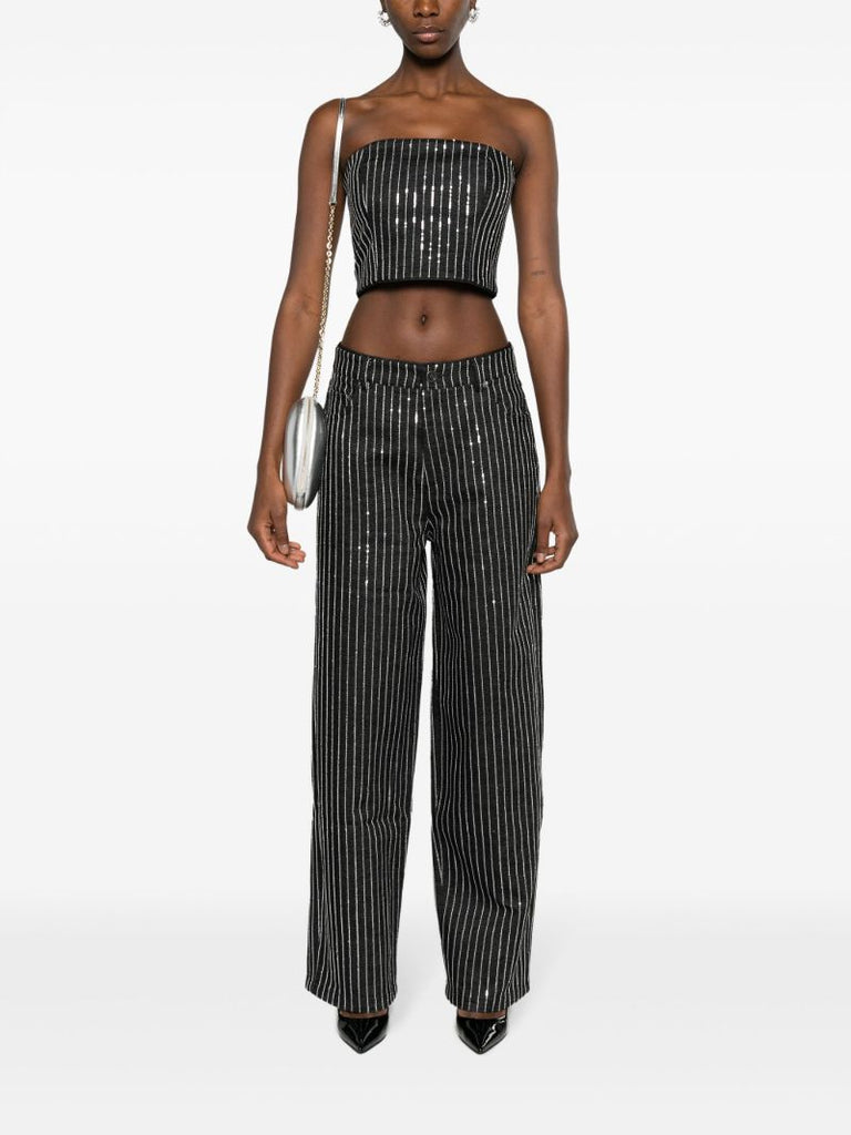 Black Sequin Embellished Denim Strapless Top