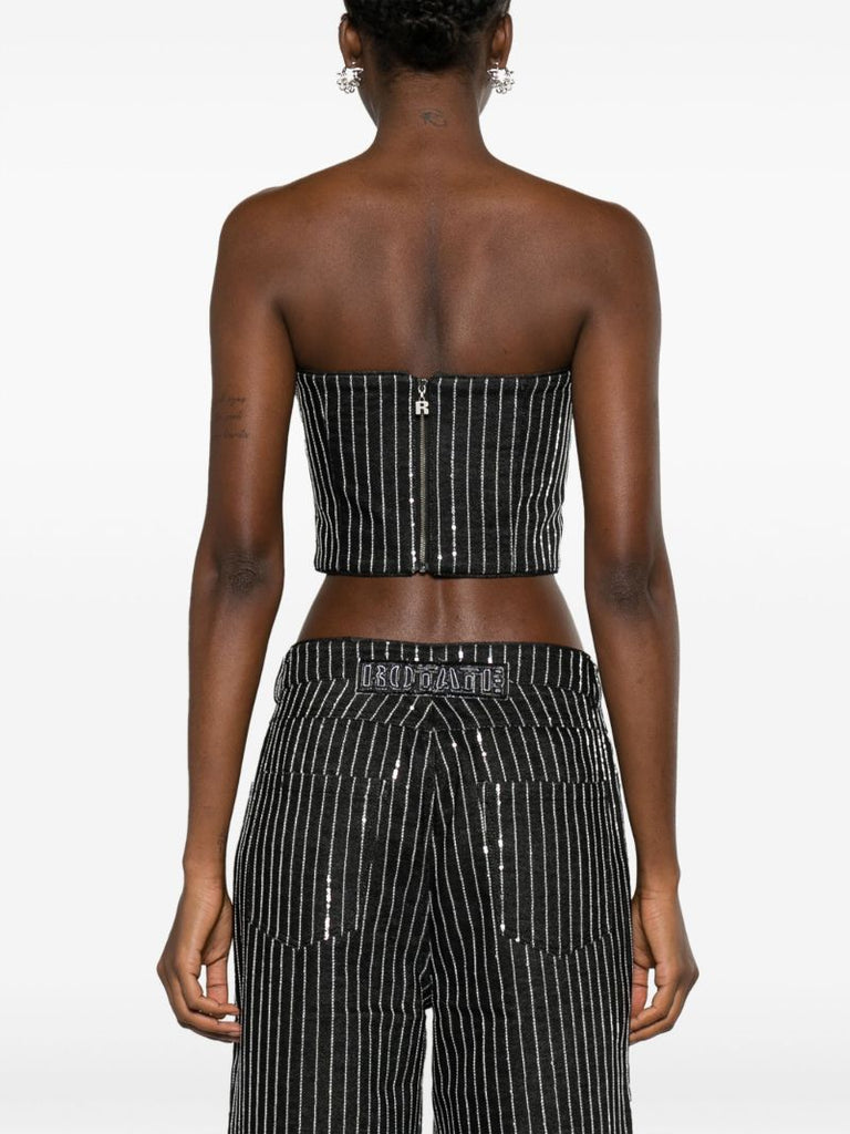 Black Sequin Embellished Denim Strapless Top