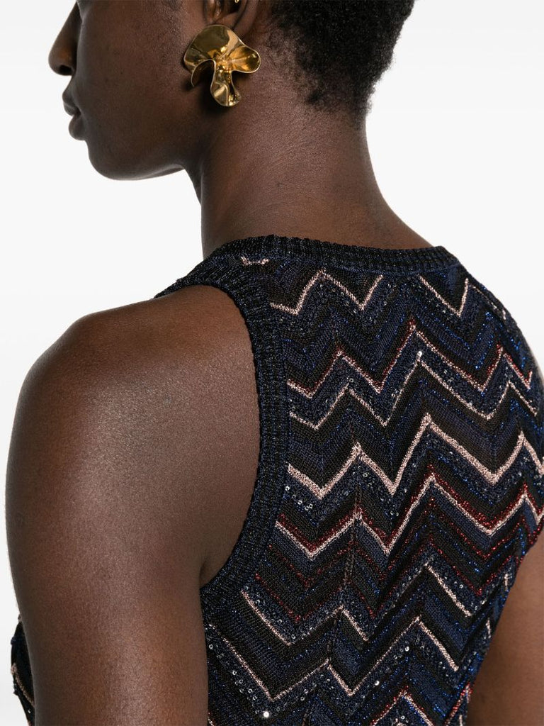 Blue Zigzag Semi-sheer Top Sequin-detailed Chevron-knit Top