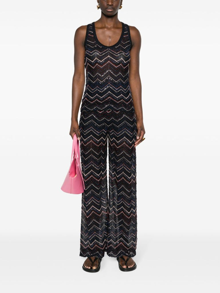 Blue Zigzag Semi-sheer Top Sequin-detailed Chevron-knit Top