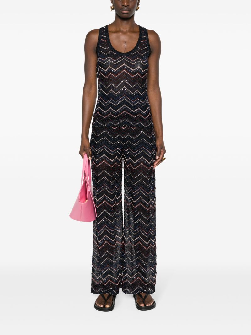 Blue Zigzag Semi-sheer Top Sequin-detailed Chevron-knit Top
