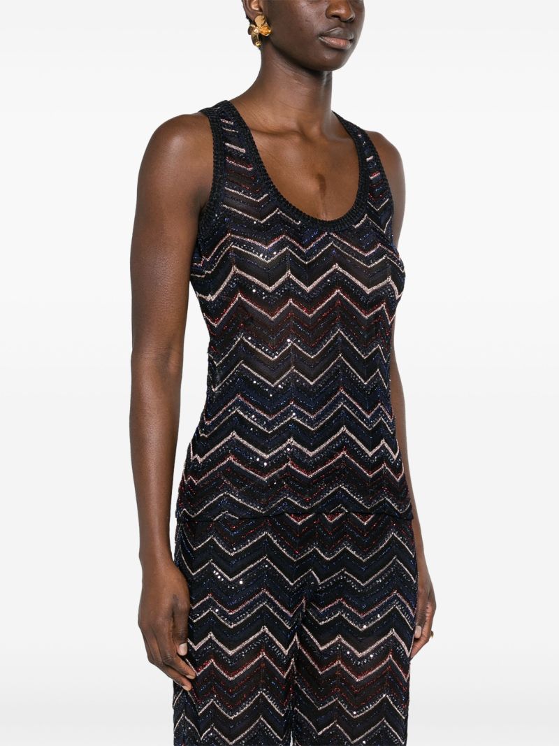 Blue Zigzag Semi-sheer Top Sequin-detailed Chevron-knit Top