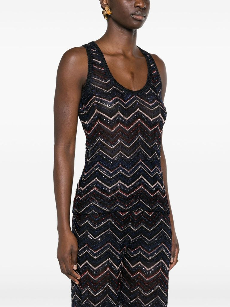 Blue Zigzag Semi-sheer Top Sequin-detailed Chevron-knit Top