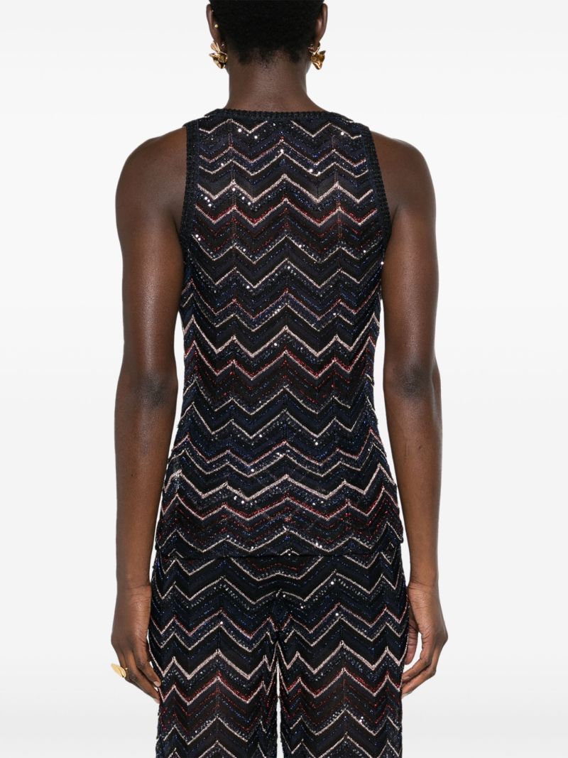 Blue Zigzag Semi-sheer Top Sequin-detailed Chevron-knit Top