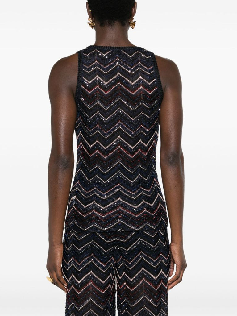 Blue Zigzag Semi-sheer Top Sequin-detailed Chevron-knit Top