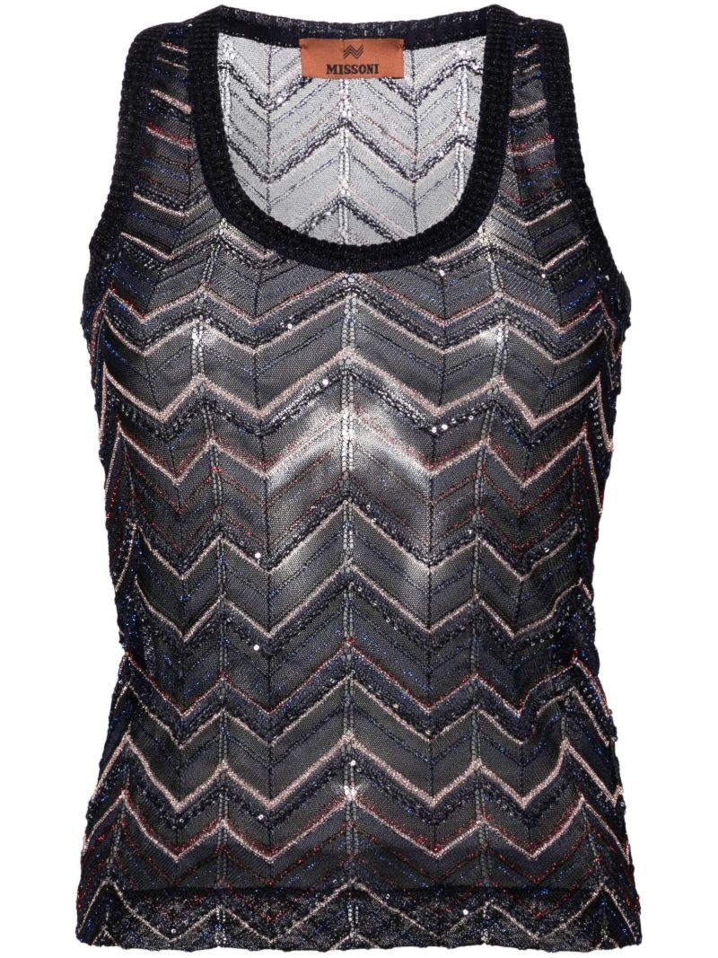 Blue Zigzag Semi-sheer Top Sequin-detailed Chevron-knit Top