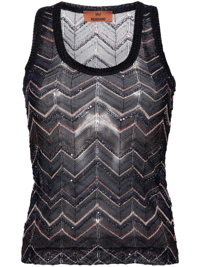 Blue Zigzag Semi-sheer Top Sequin-detailed Chevron-knit Top