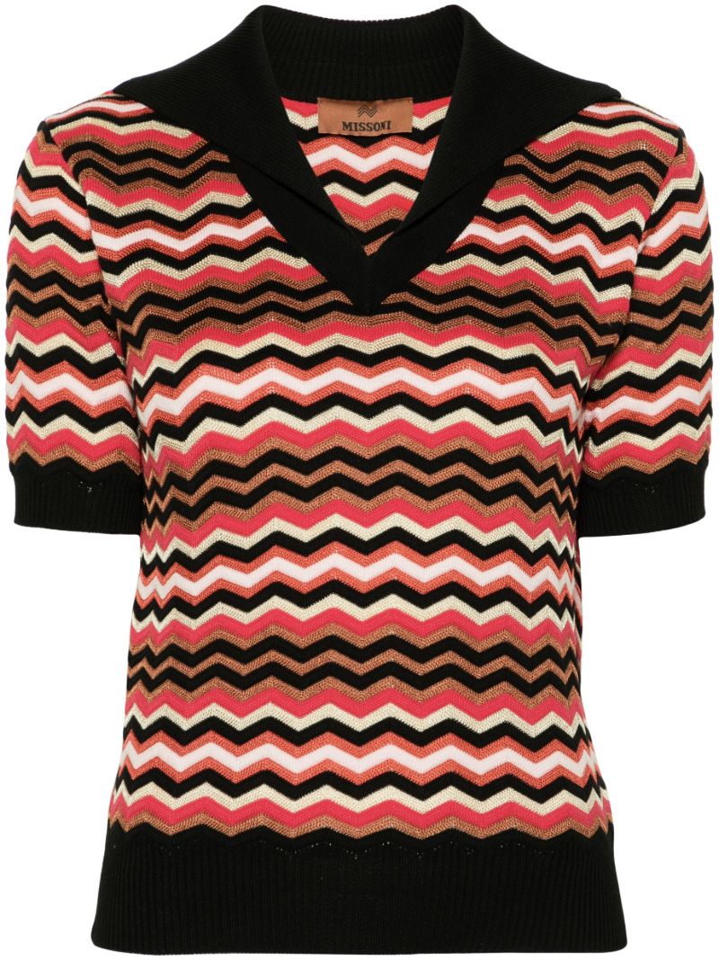 Black Zigzag-woven Polo Top