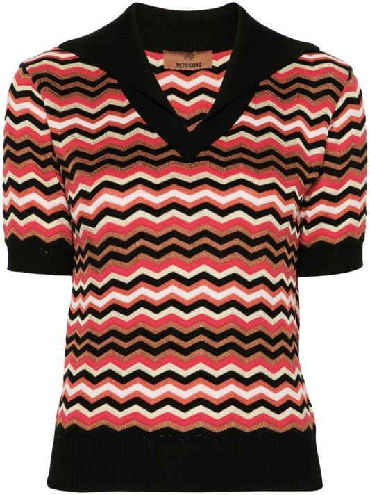 Black Zigzag-woven Polo Top
