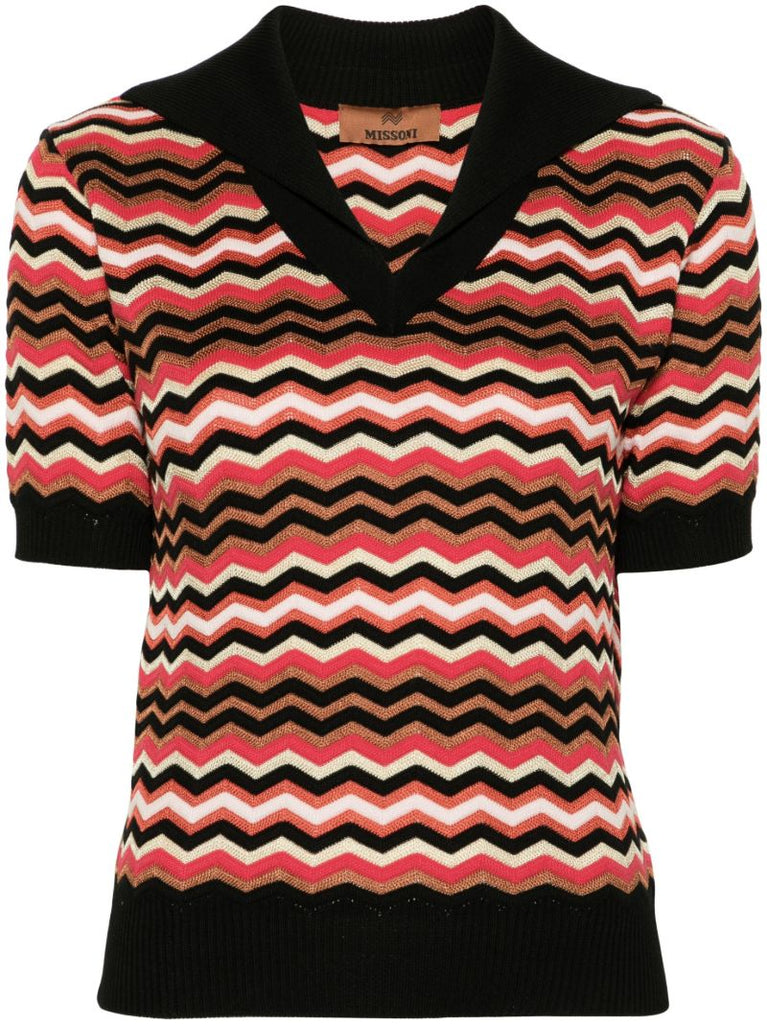 Black Zigzag-woven Polo Top