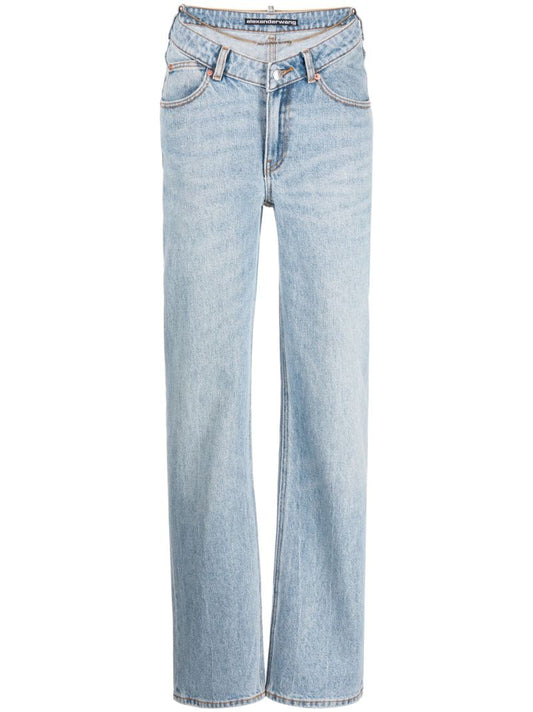 Blue Chain-belt Straight-leg Jeans