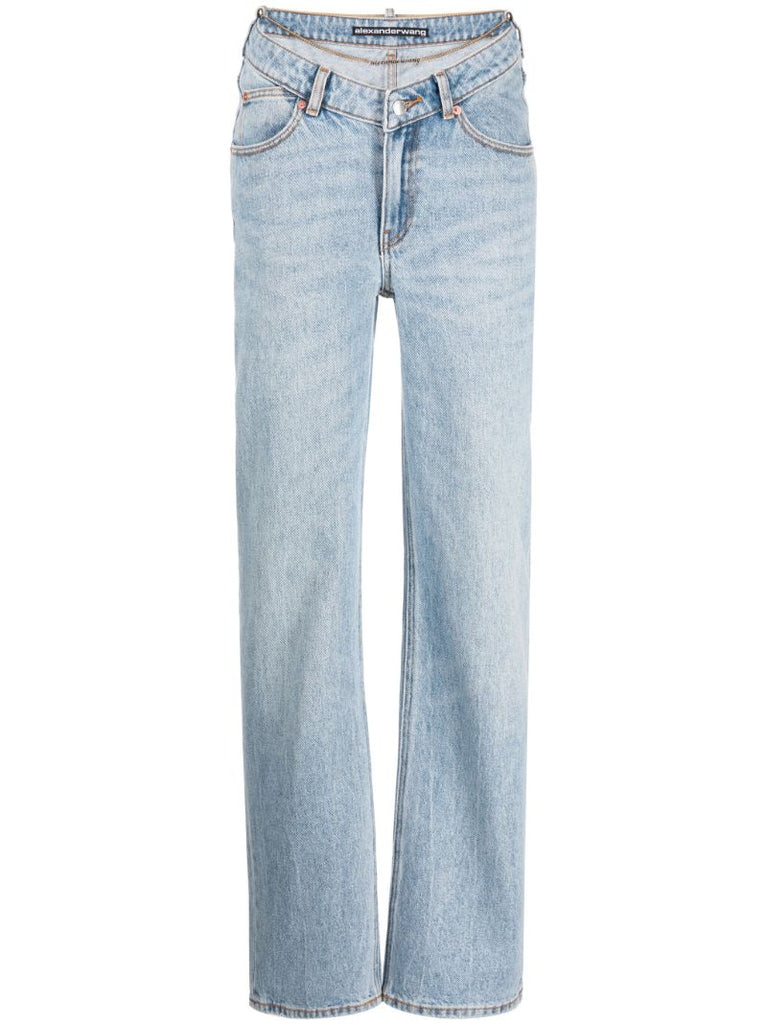 Blue Chain-belt Straight-leg Jeans