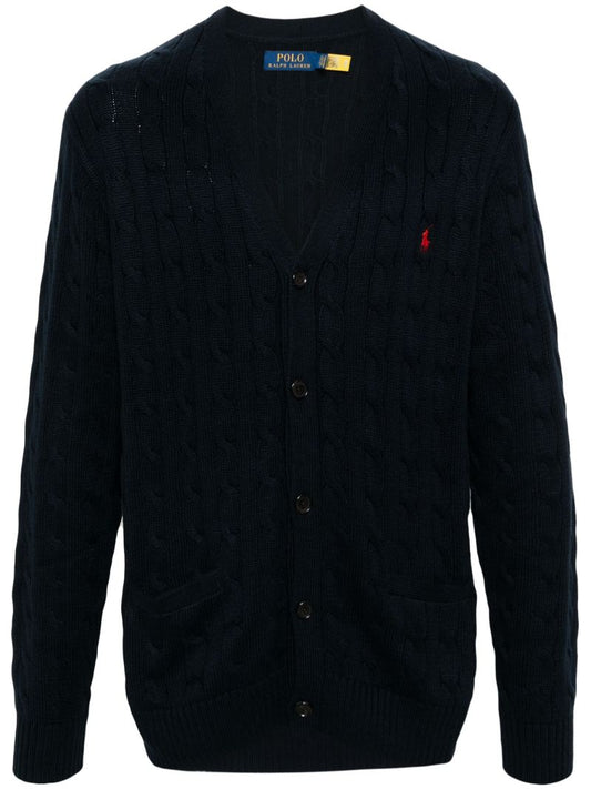Blue Logo Embroidered Cable Knit Cardigan