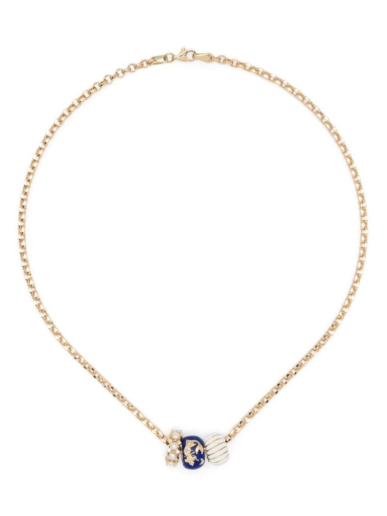 14k Yellow Gold Bead Party Diamond and Pearl Necklace