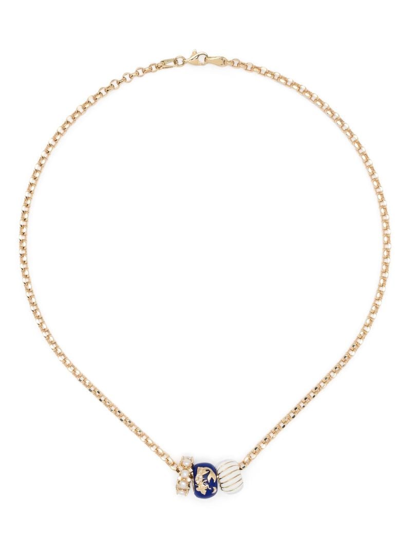 14k Yellow Gold Bead Party Diamond and Pearl Necklace