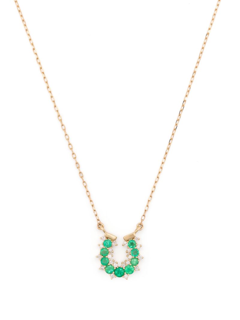14k Yellow Gold Horseshoe Diamond and Emerald Necklace