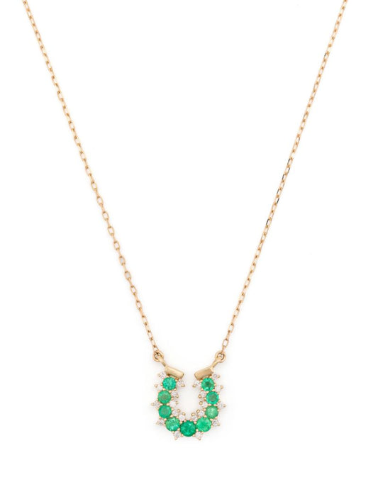 14k Yellow Gold Horseshoe Diamond and Emerald Necklace