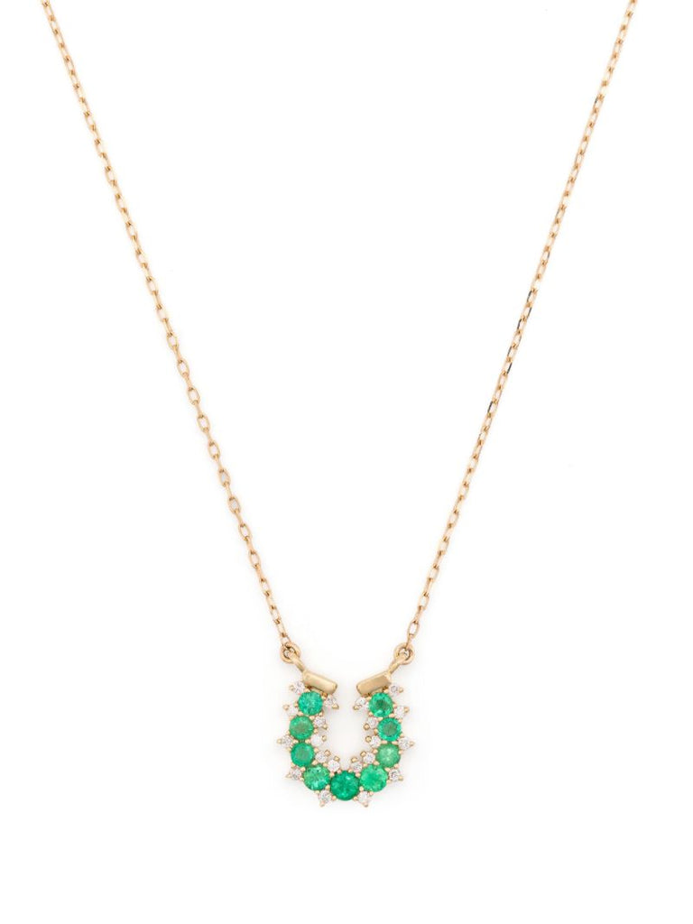14k Yellow Gold Horseshoe Diamond and Emerald Necklace